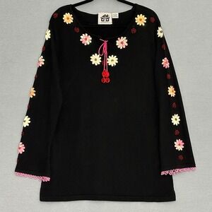 VTG Storybook Knit Women Sweater L Black Daisy Ladybug Sequins Embellished Retro